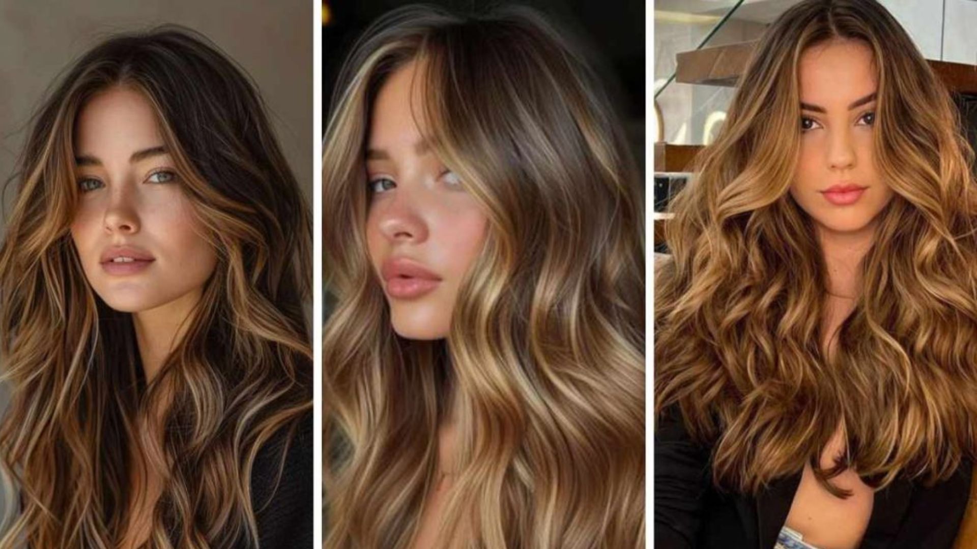 Tre immagini di donne con capelli castani e sfumature balayage.