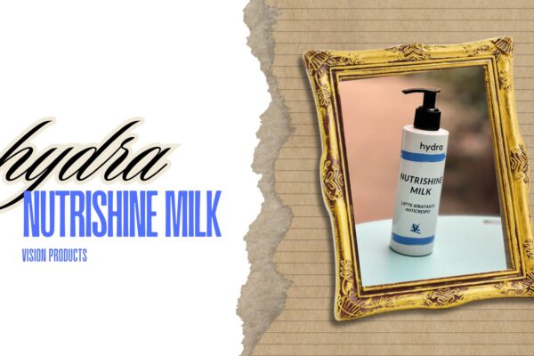 Immagine promozionale di Hydra Nutrishine Milk di Vision Products, un latte idratante anticrespo, con il prodotto inserito in una cornice dorata su uno sfondo a righe beige.