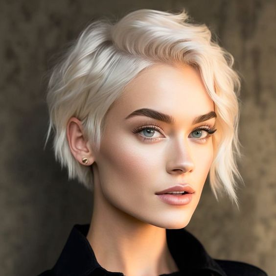 Donna con elegante taglio pixie biondo platino, caratterizzato da onde morbide e voluminose, perfetto per un look moderno e sofisticato. Tendenze capelli 2025.