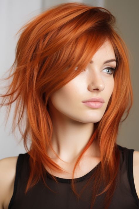 Donna con capelli color rame in un taglio medio scalato, acconciatura voluminosa e leggermente scomposta, perfetta per le tendenze capelli 2025.