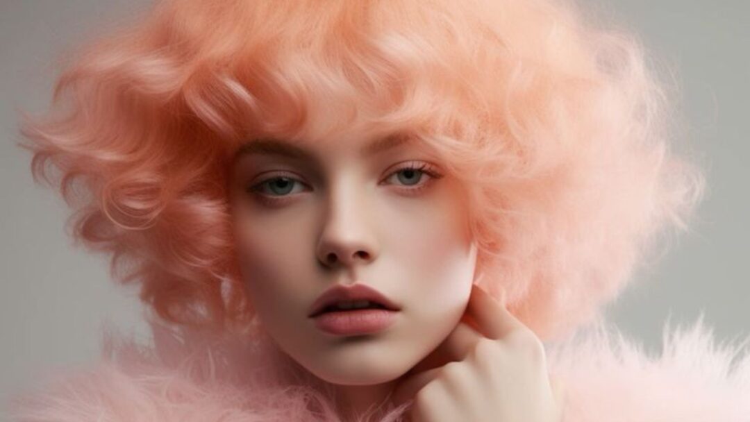 Giovane donna con capelli ricci color Peach Fuzz e look etereo.