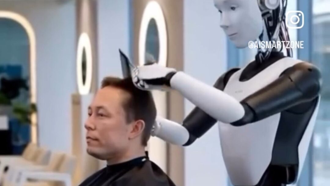 Robot parrucchiere che taglia i capelli a Elon Musk in un ambiente moderno.