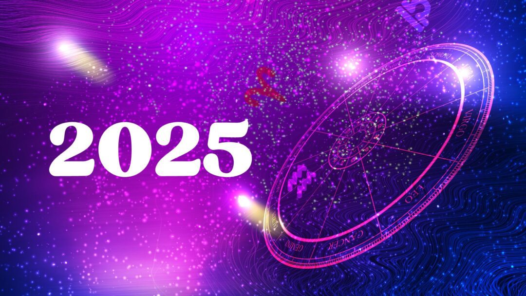 Oroscopo 2025 con sfondo viola, costellazioni luminose e ruota zodiacale.