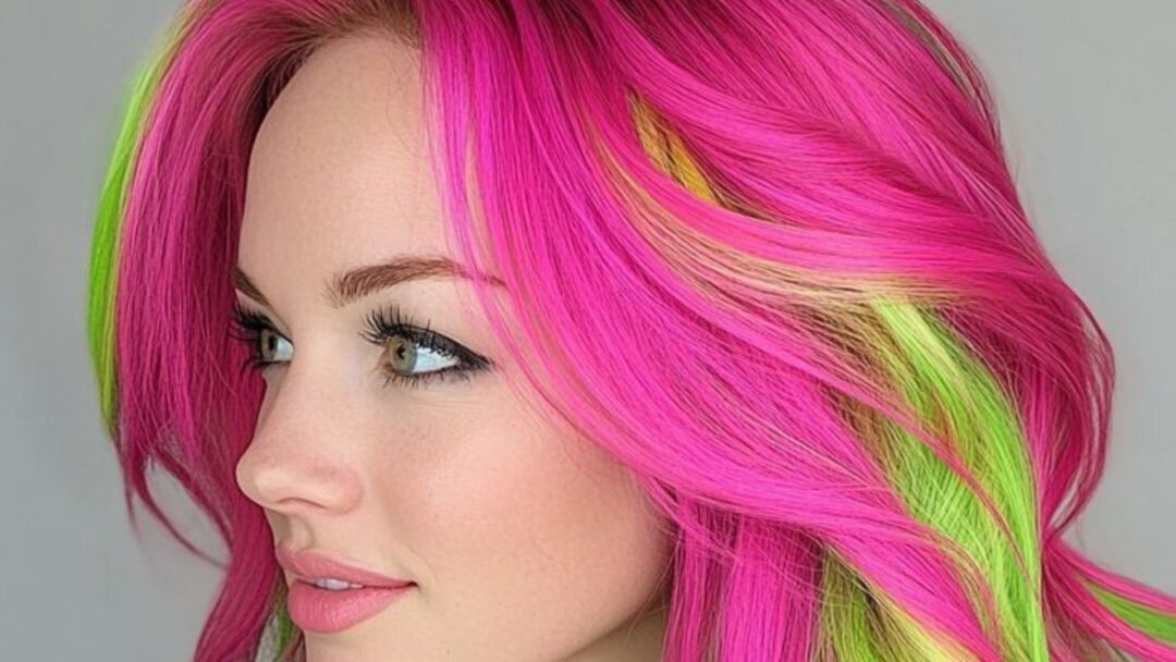 Primo piano di una donna con capelli colorati in tonalità futuristiche rosa neon e verde lime, con un look vivace e moderno.