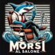 Illustrazione di uno squalo stilizzato seduto su una poltrona da barbiere, circondato da onde e strumenti da parrucchiere, con il titolo "Morsi al Salone".