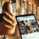 Persona con tablet che mostra un feed Instagram mentre si trova in un salone di parrucchieri con una cliente dai capelli lunghi ondulati e un parrucchiere al lavoro sullo sfondo.
