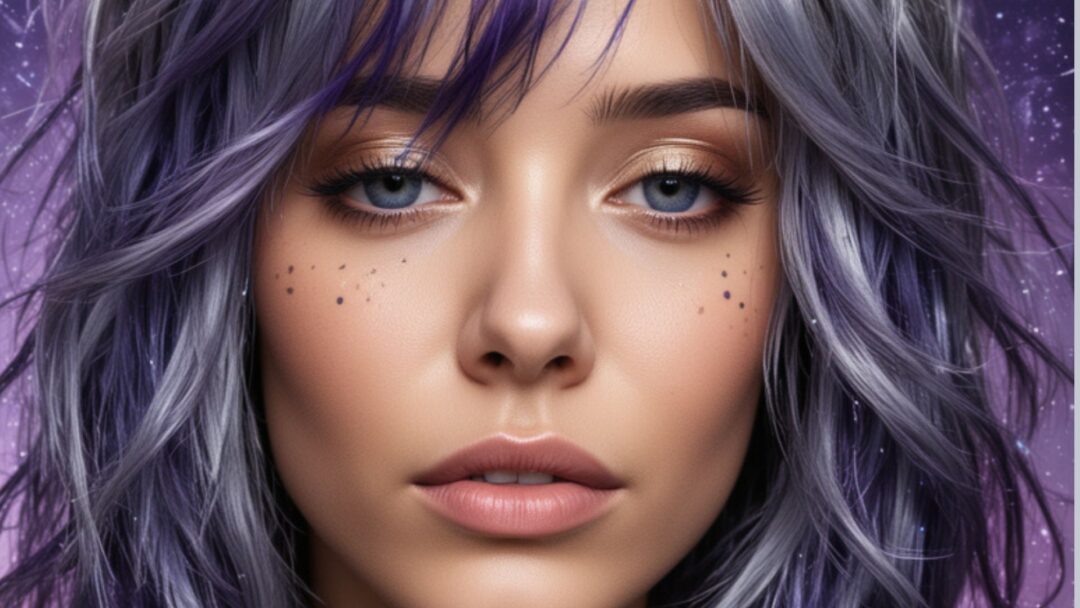 Primo piano di una modella con capelli Galaxy Hair sfumati in tonalità viola, blu e argento. L’effetto olografico crea un look cosmico e futuristico, con una base fredda e riflessi brillanti. Lo sguardo è intenso, con trucco dorato sugli occhi e dettagli glitterati sulle guance.