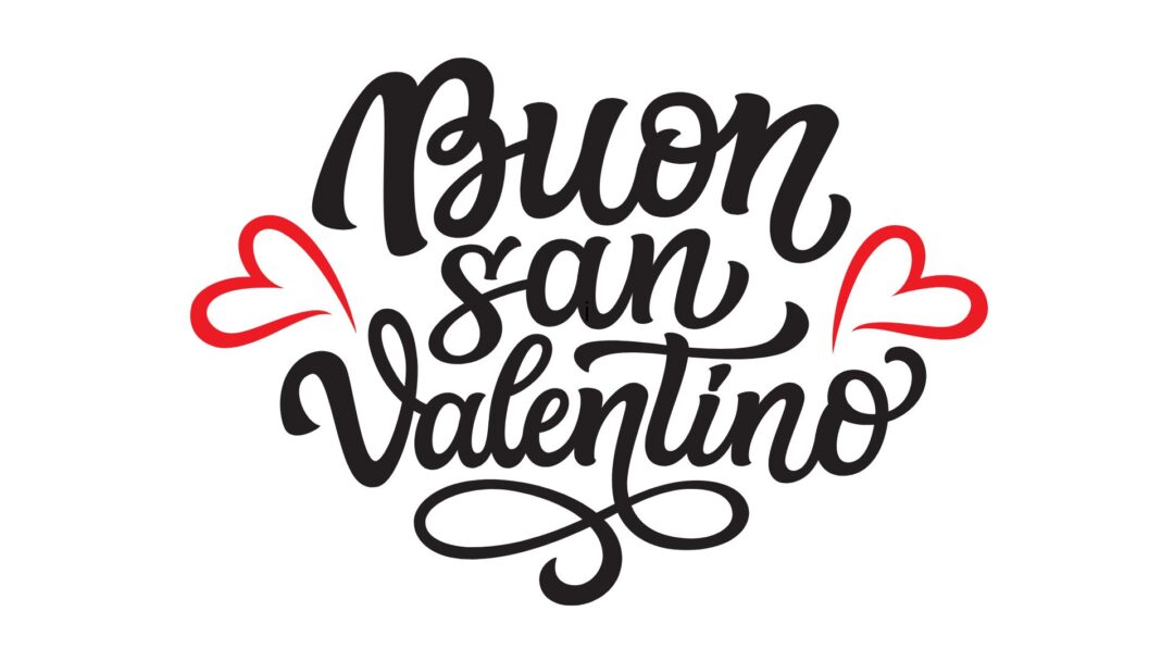 Scritta "Buon San Valentino" in stile calligrafico, con decorazioni a forma di cuore in rosso.