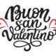 Scritta "Buon San Valentino" in stile calligrafico, con decorazioni a forma di cuore in rosso.