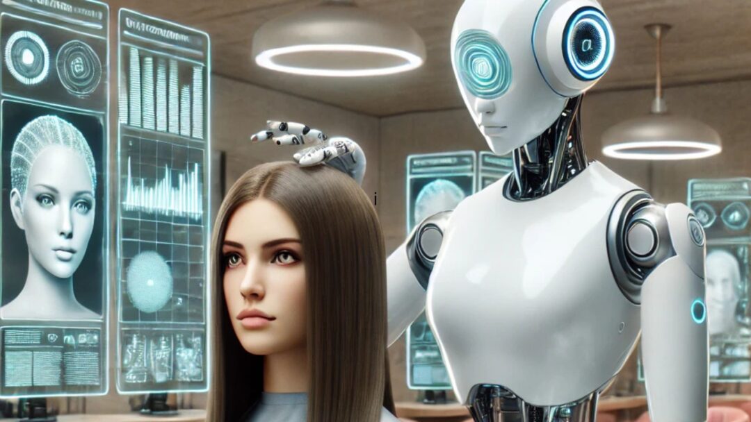 Un robot futuristico con un design elegante e braccia metalliche avanzate esamina i capelli di una donna in un salone high-tech, con schermi digitali che analizzano la forma del viso e la struttura del capello.