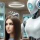 Un robot futuristico con un design elegante e braccia metalliche avanzate esamina i capelli di una donna in un salone high-tech, con schermi digitali che analizzano la forma del viso e la struttura del capello.
