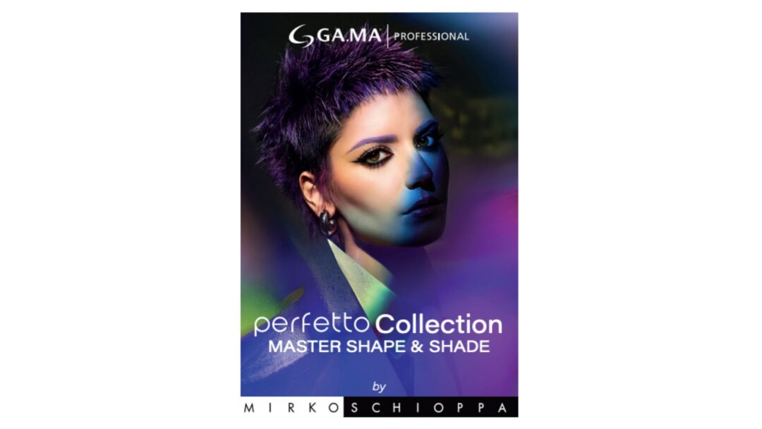 Copertina della Perfetto Collection di Mirko Schioppa per Gama Professional, con un ritratto artistico di una modella dai capelli viola e un design grafico moderno.