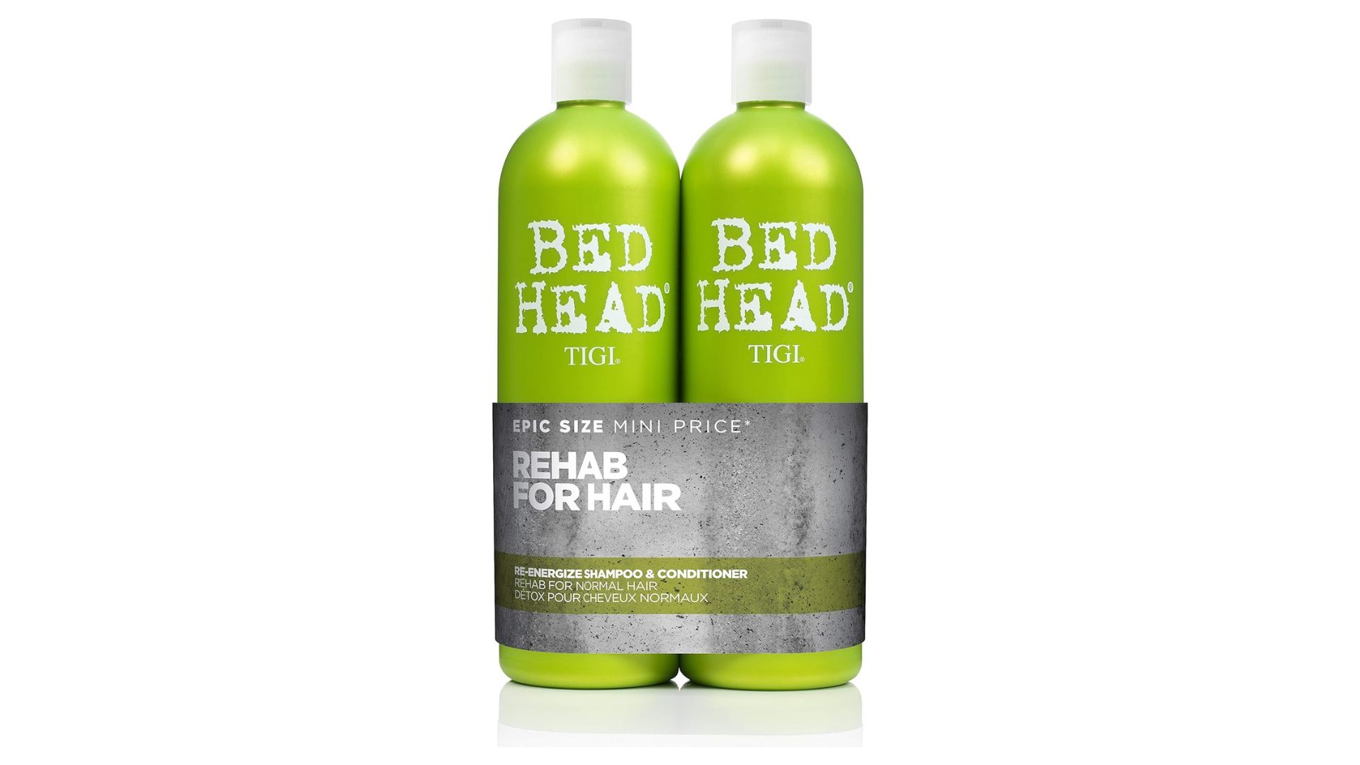 Set di shampoo e balsamo Bed Head by TIGI Re-Energise in formato grande da 750 ml, ideale per capelli normali da rivitalizzare.