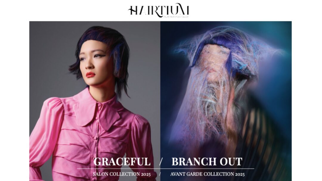 Modella con taglio strutturato e riflessi blu della collezione Graceful, accanto a un look artistico e futuristico della collezione Branch Out di Hairtium Collection 2025.