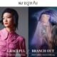 Modella con taglio strutturato e riflessi blu della collezione Graceful, accanto a un look artistico e futuristico della collezione Branch Out di Hairtium Collection 2025.