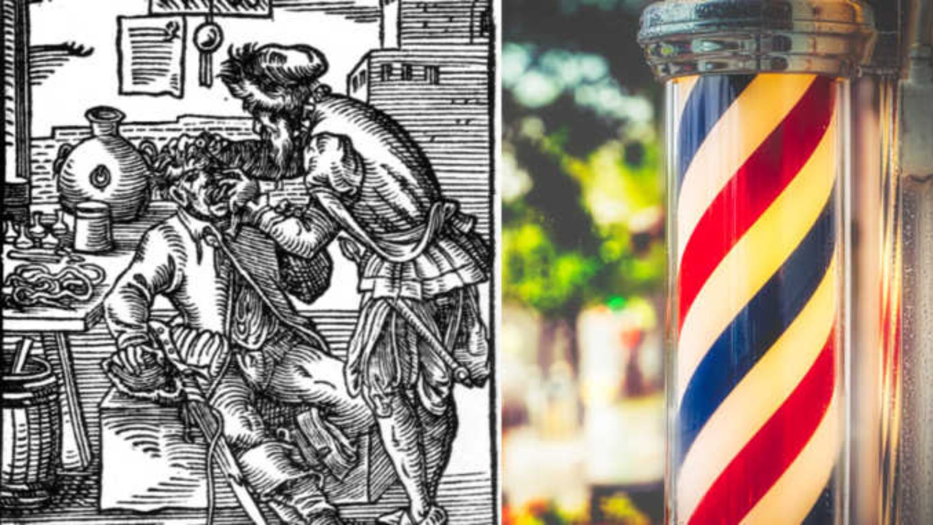 Immagine divisa in due: a sinistra, un'incisione medievale raffigurante un barbiere-chirurgo al lavoro su un cliente; a destra, un classico palo da barbiere a spirale bianca, rossa e blu.
