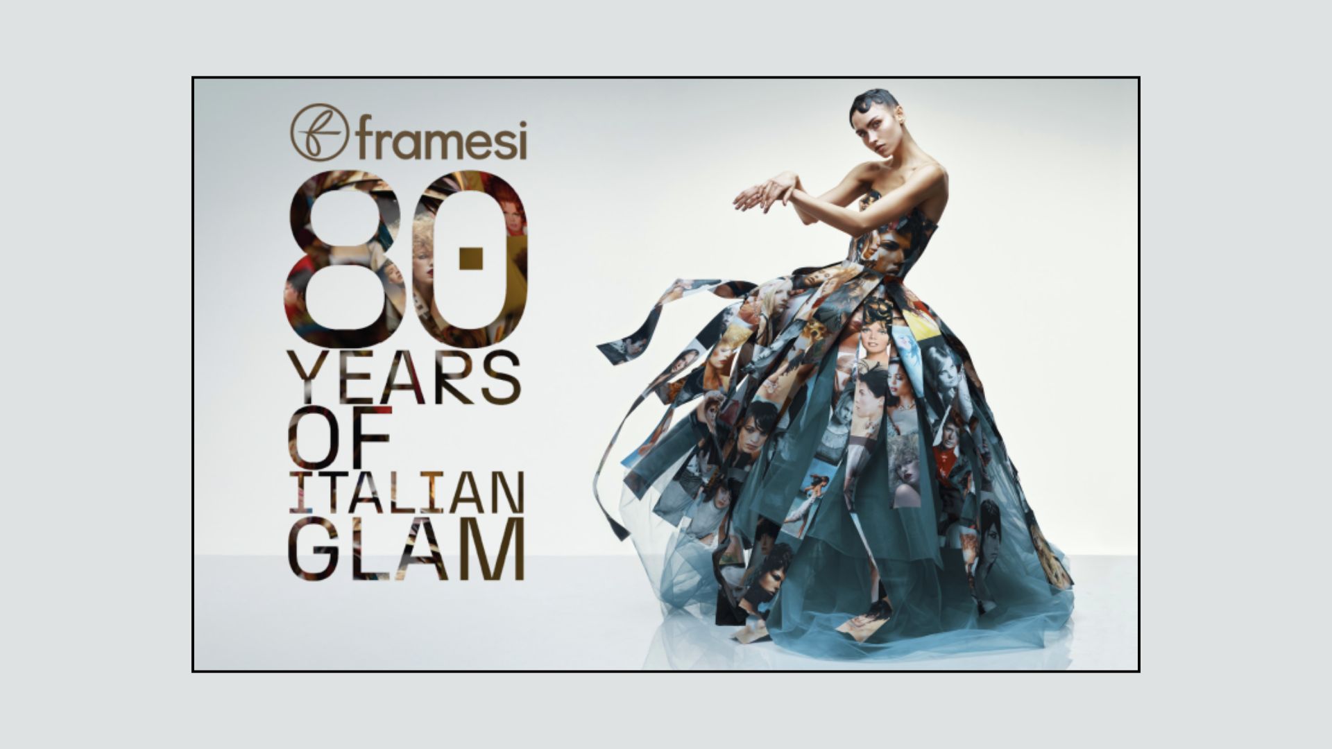Modella con abito scenografico decorato con immagini di hairstyling iconici, accanto al logo Framesi e al testo “80 Years of Italian Glam”.