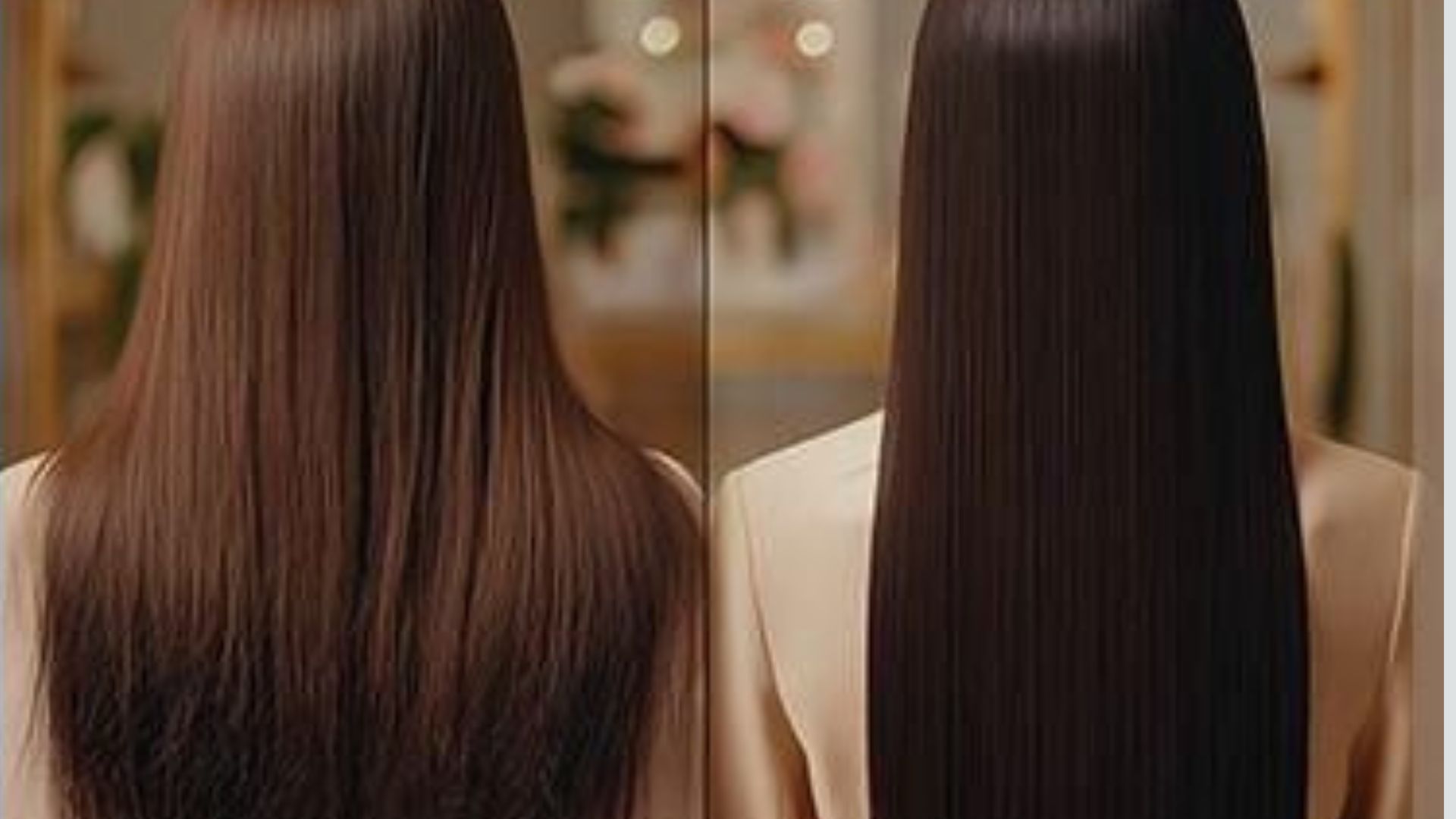 Confronto tra capelli prima e dopo un trattamento lisciante, con effetto setoso e ultra-luminoso.