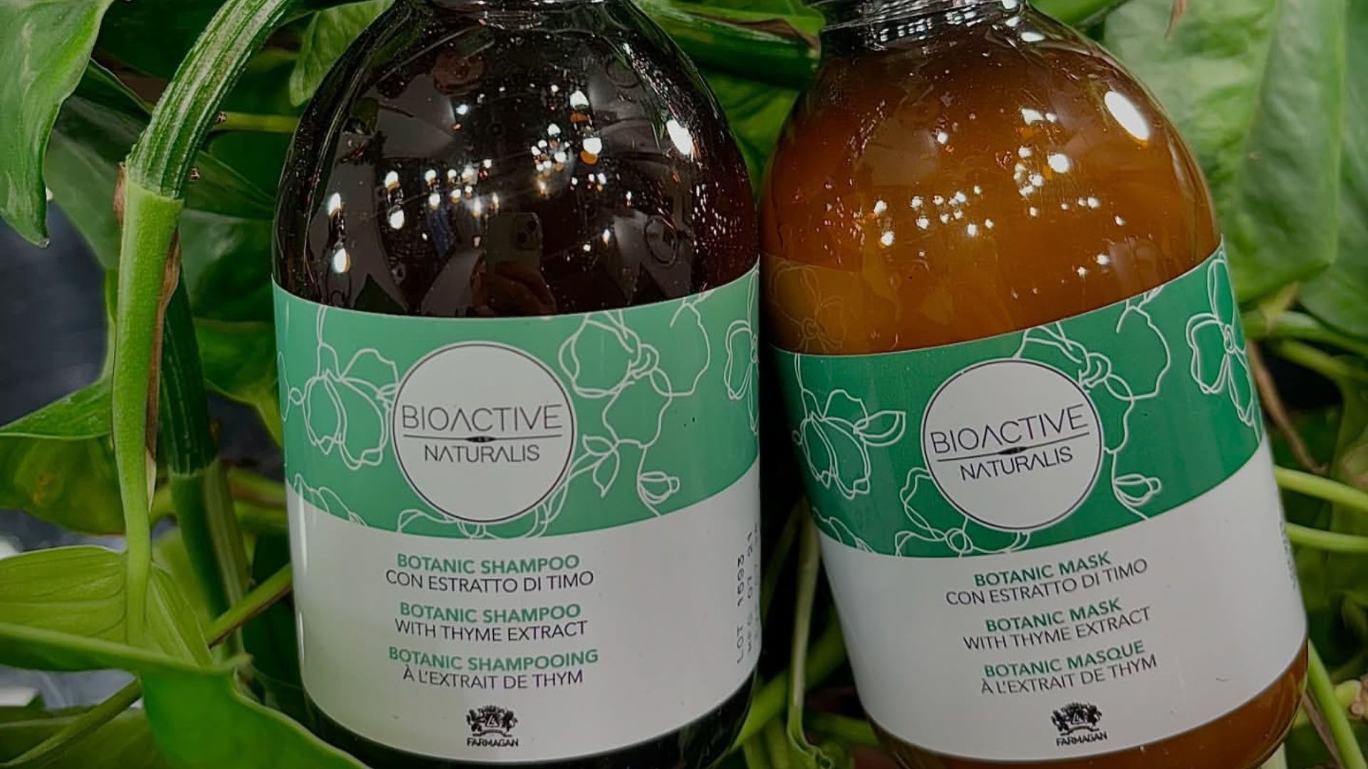 Shampoo e maschera Bioactive Naturalis di Farmagan con estratto di timo, posizionati su sfondo di foglie verdi.