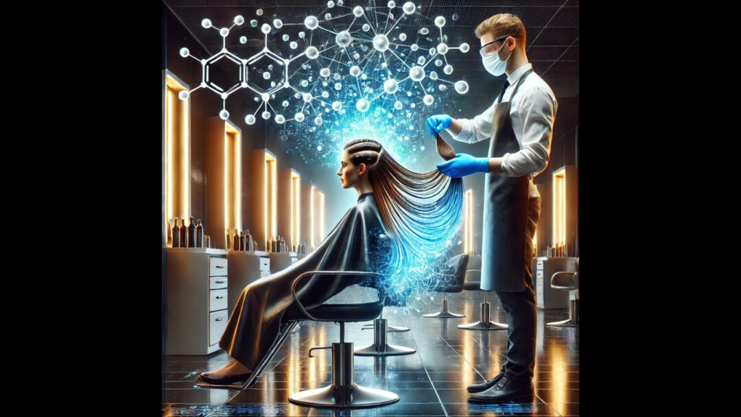 Hairstylist professionale applica un trattamento di nanoplastia su una cliente in un salone high-tech, con effetti visivi che rappresentano la trasformazione chimica del capello.