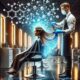 Hairstylist professionale applica un trattamento di nanoplastia su una cliente in un salone high-tech, con effetti visivi che rappresentano la trasformazione chimica del capello.