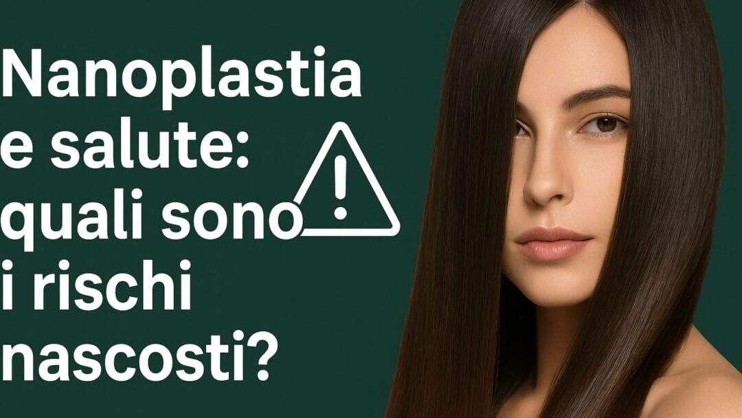Donna con capelli lisci e scuri che coprono parte del viso, su sfondo verde scuro con scritta: "Nanoplastia e salute: quali sono i rischi nascosti?"
