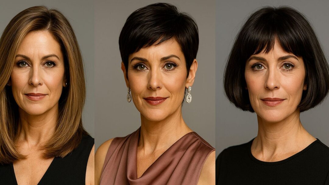 Tre donne over 40 con tagli long bob scalato, pixie cut elegante e french bob, in un salone moderno di Milano.