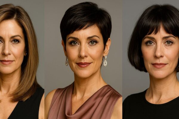 Tre donne over 40 con tagli long bob scalato, pixie cut elegante e french bob, in un salone moderno di Milano.