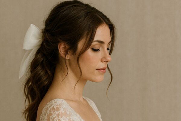 Sposa 2025 con acconciatura romantica e maxi fiocco in organza bianca