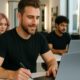 Parrucchiere con i suoi collaboratori che studiano online in un salone elegante e moderno.