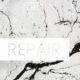 Texture screpolata con scritta "REPAIR" e logo Screen Haircare, rappresentazione visiva del concetto di riparazione interna del capello