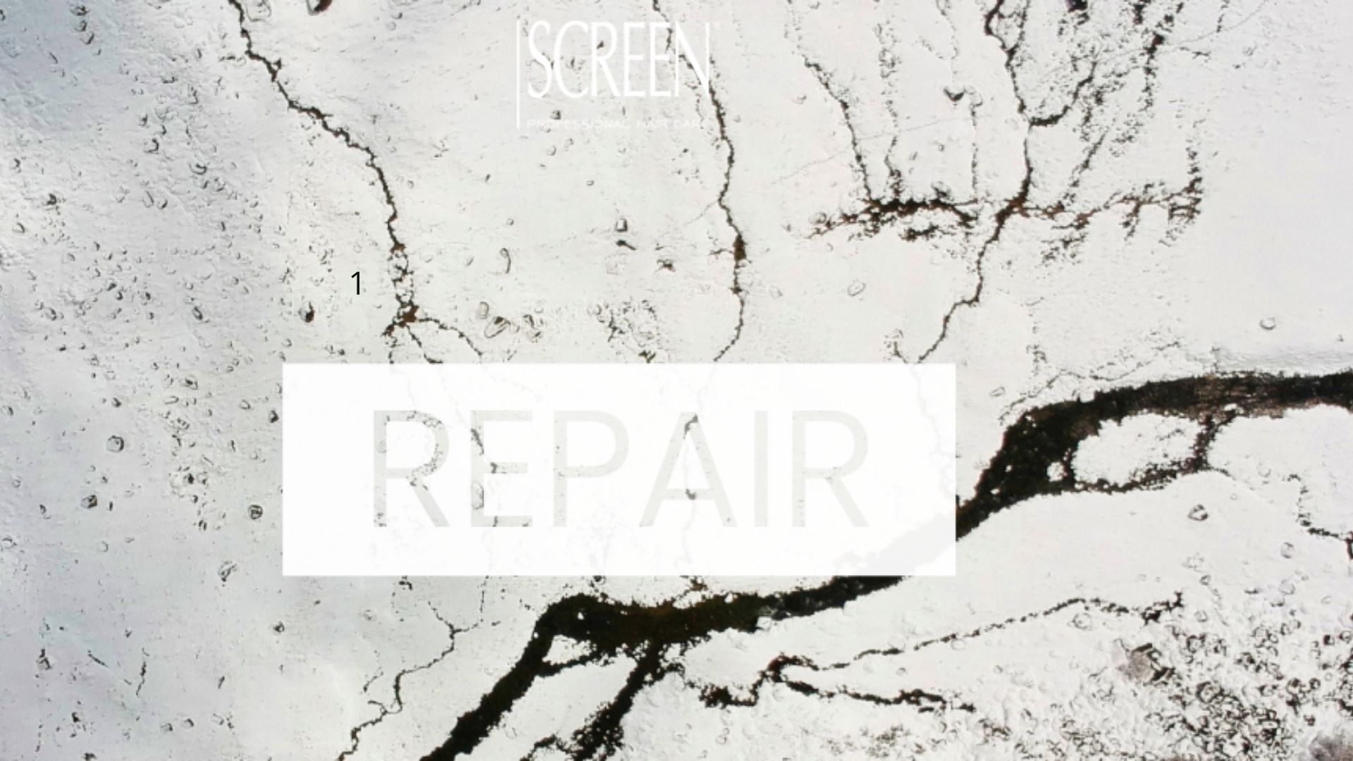 Texture screpolata con scritta "REPAIR" e logo Screen Haircare, rappresentazione visiva del concetto di riparazione interna del capello