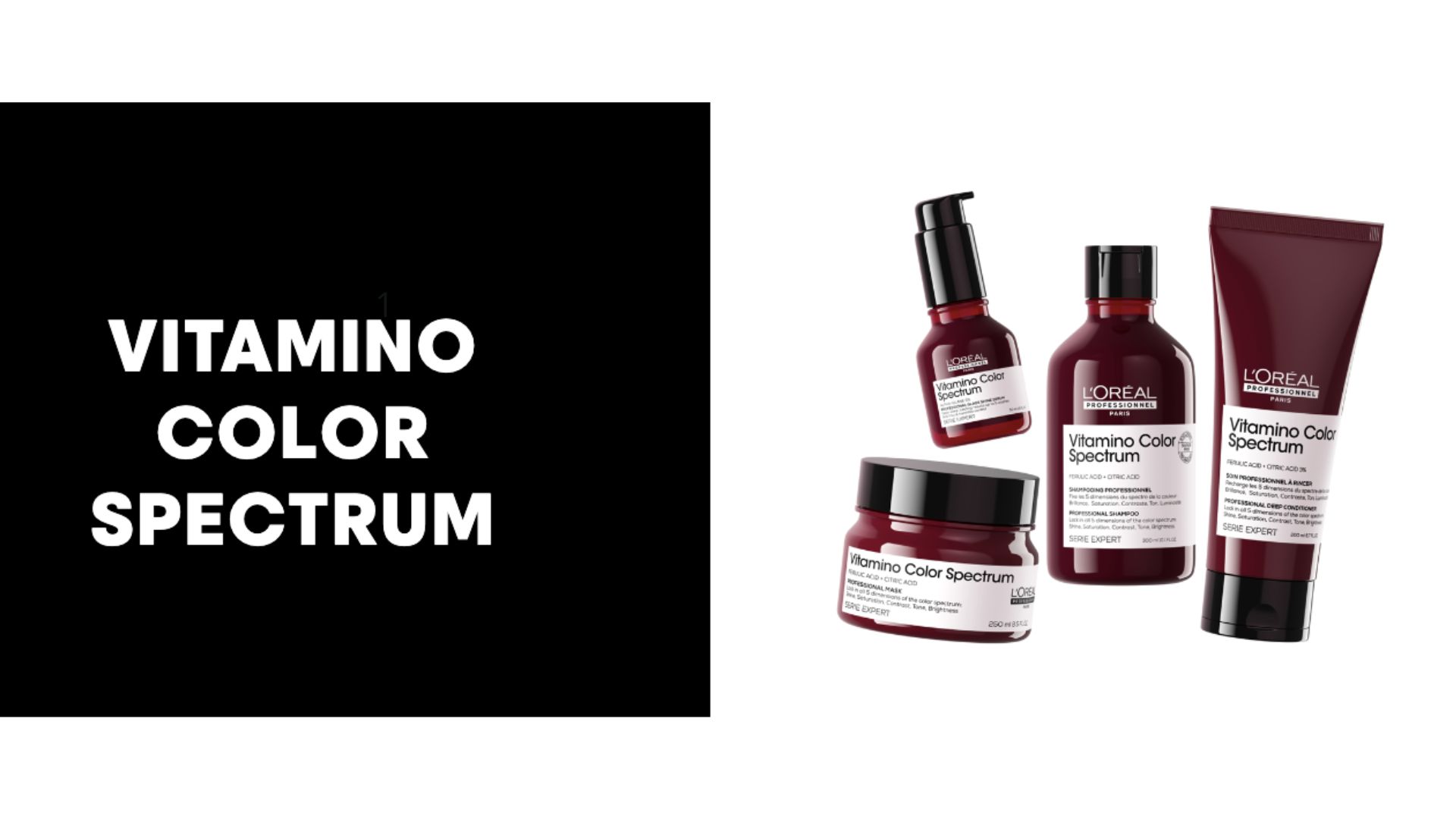 Gamma di prodotti L’Oréal Professionnel Vitamino Color Spectrum per capelli colorati: shampoo, maschera, conditioner e siero.