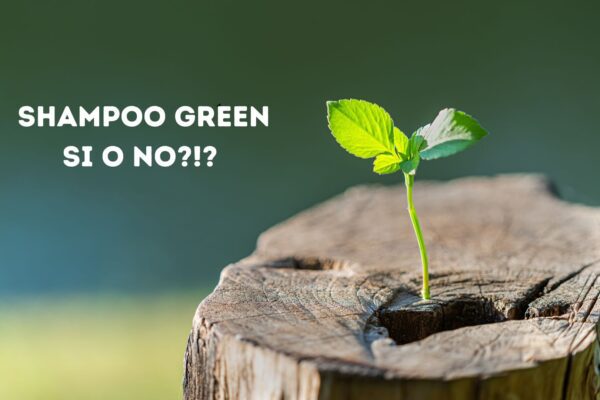 Germoglio verde che cresce da un tronco tagliato con la scritta “Shampoo green: sì o no?!?” su sfondo sfocato verde.