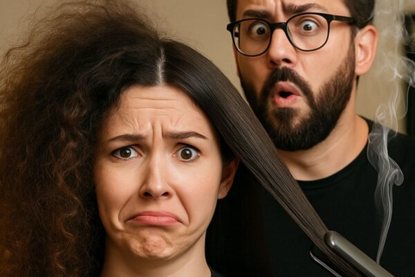 Modella con capelli metà lisci e metà crespi seduta dal parrucchiere, mentre il parrucchiere dietro di lei usa una piastra da cui esce fumo, con espressioni ironiche e sorprese.