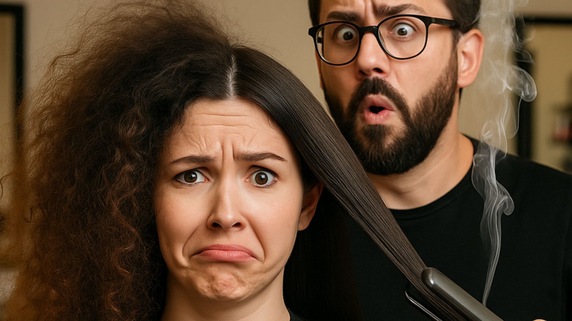 Modella con capelli metà lisci e metà crespi seduta dal parrucchiere, mentre il parrucchiere dietro di lei usa una piastra da cui esce fumo, con espressioni ironiche e sorprese.