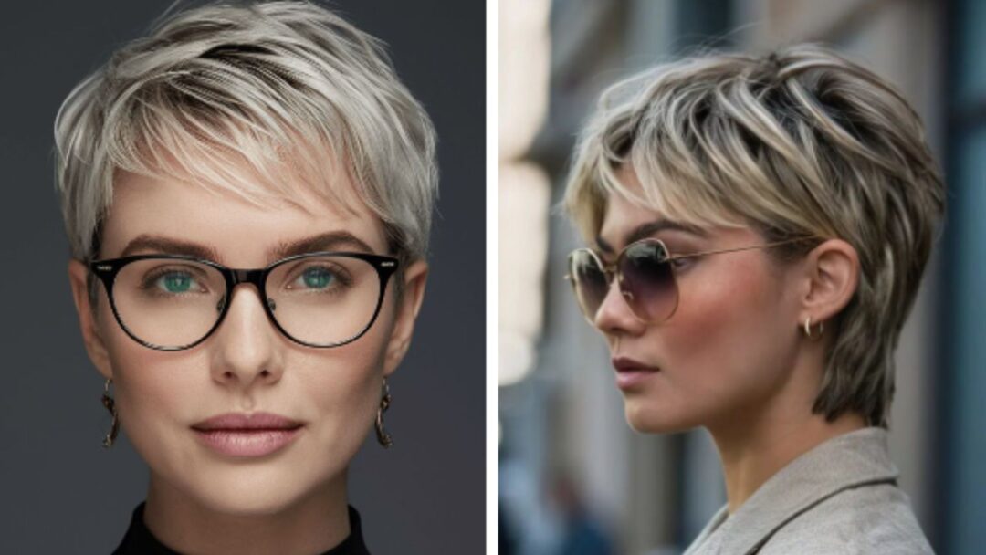 Due donne con tagli pixie moderni e capelli biondo freddo, una con occhiali da vista e una con occhiali da sole, mostrano due varianti eleganti del corto femminile.