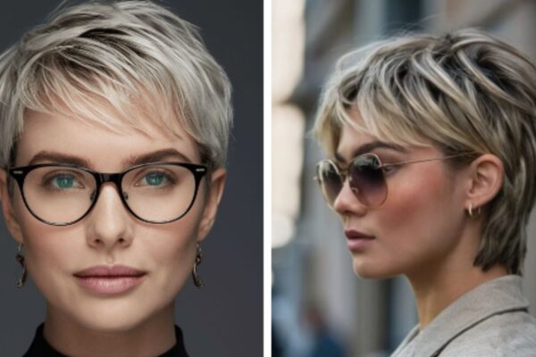 Due donne con tagli pixie moderni e capelli biondo freddo, una con occhiali da vista e una con occhiali da sole, mostrano due varianti eleganti del corto femminile.