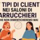 Illustrazione divertente con parrucchiere e clienti in salone, titolo "I 7 tipi di clienti nei saloni di parrucchieri (che non dimenticheremo mai)"