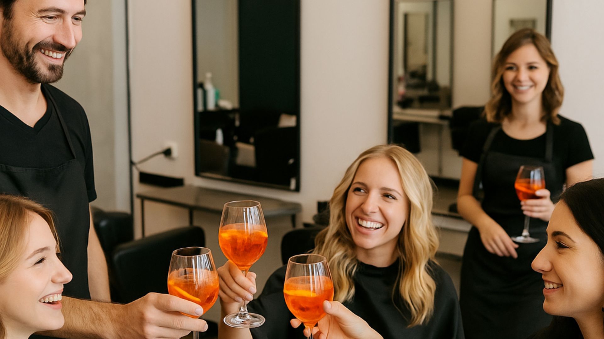 Parrucchiere e clienti in salone moderno mentre brindano con uno spritz