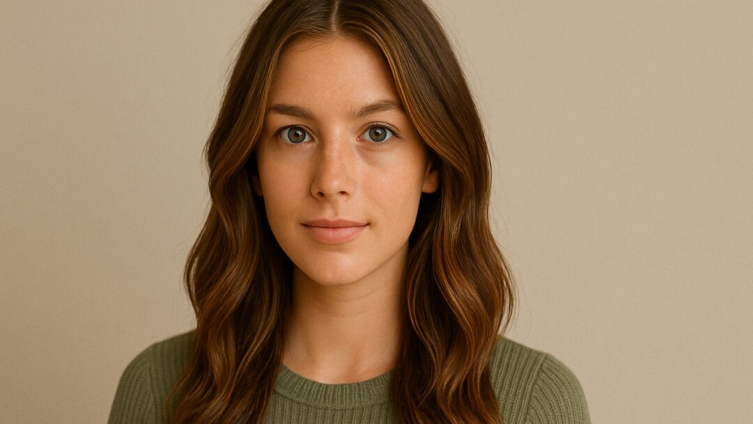 Ritratto realistico di una giovane donna con capelli lunghi castano chiaro e balayage, mossi in effortless waves, che guarda in camera con espressione serena, su sfondo neutro beige.