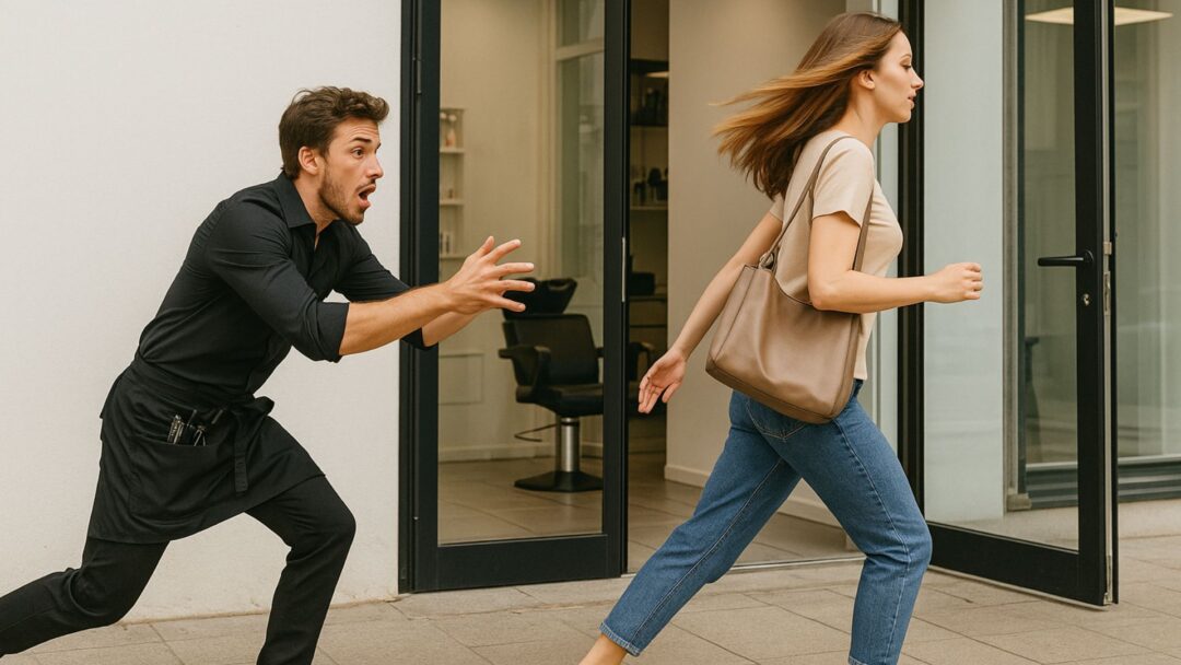 Parrucchiere corre fuori dal salone inseguendo una cliente che se ne va di fretta