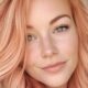 Primo piano di una donna con capelli color peach blonde, pelle chiara e occhi verdi, pettinatura mossa e luminosa.