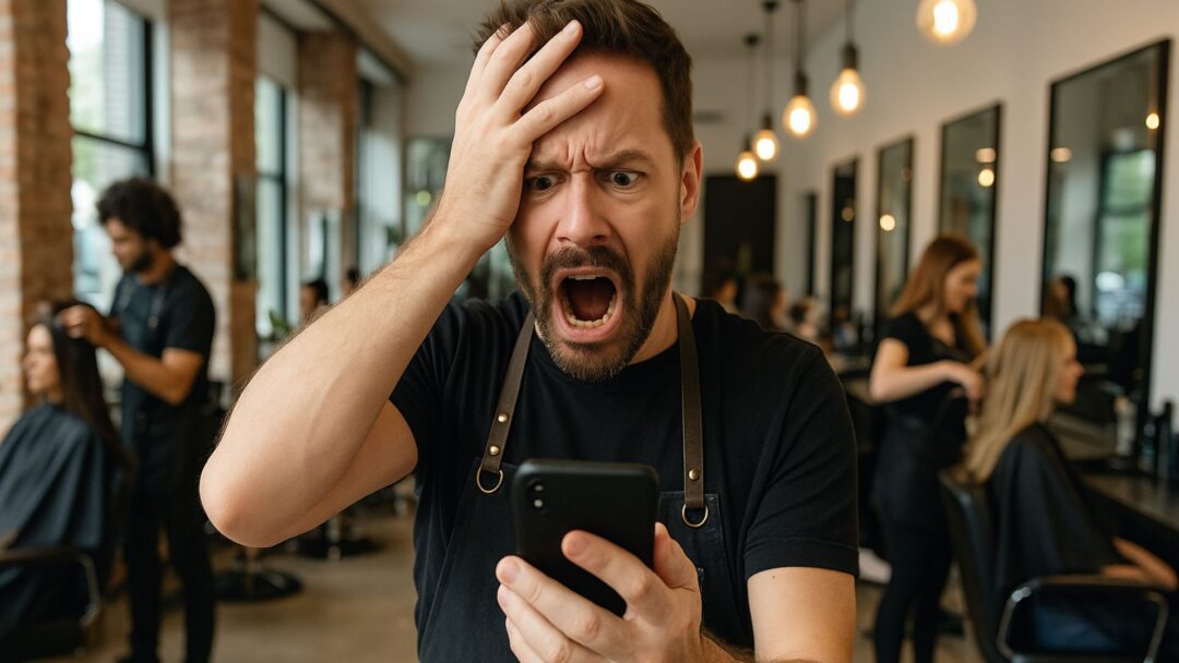 Parrucchiere frustrato con smartphone in mano all'interno di un salone pieno di clienti.