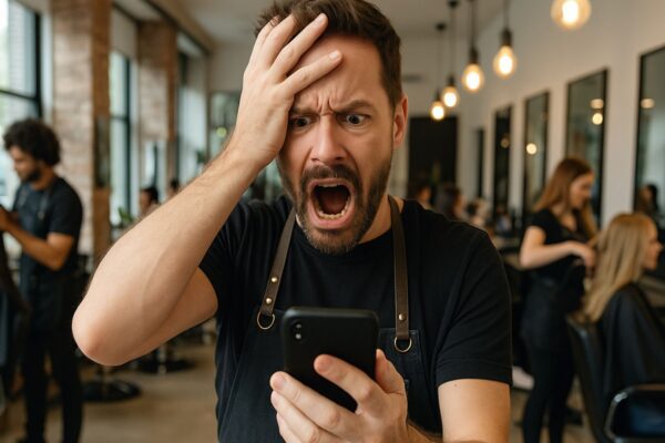 Parrucchiere frustrato con smartphone in mano all'interno di un salone pieno di clienti.