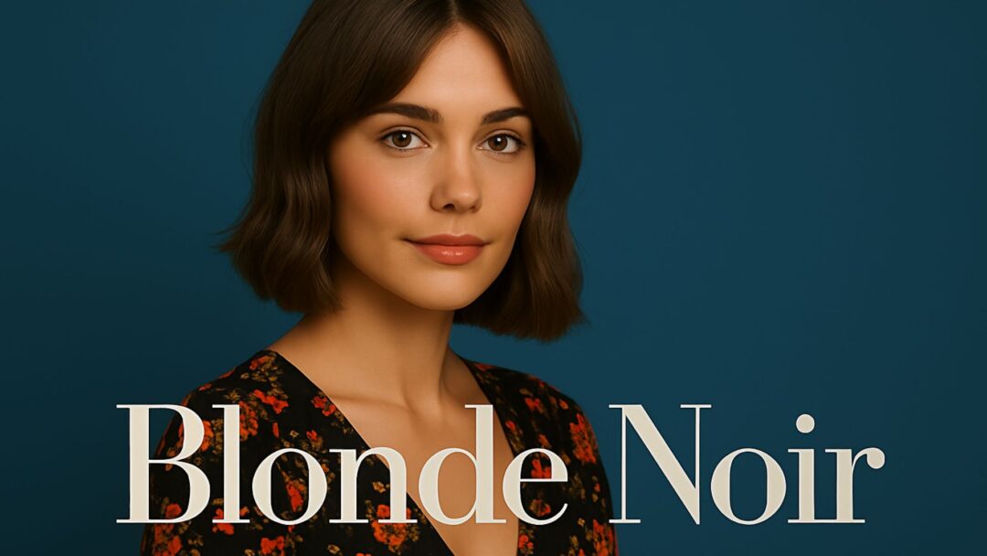 Donna con capelli Blonde Noir, taglio medio mosso, su sfondo blu e abito floreale, guarda in camera con espressione serena.