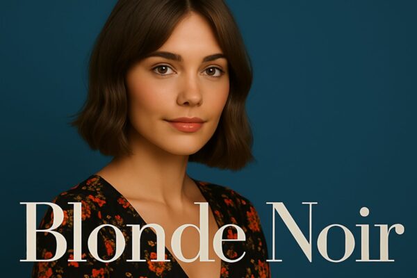 Donna con capelli Blonde Noir, taglio medio mosso, su sfondo blu e abito floreale, guarda in camera con espressione serena.