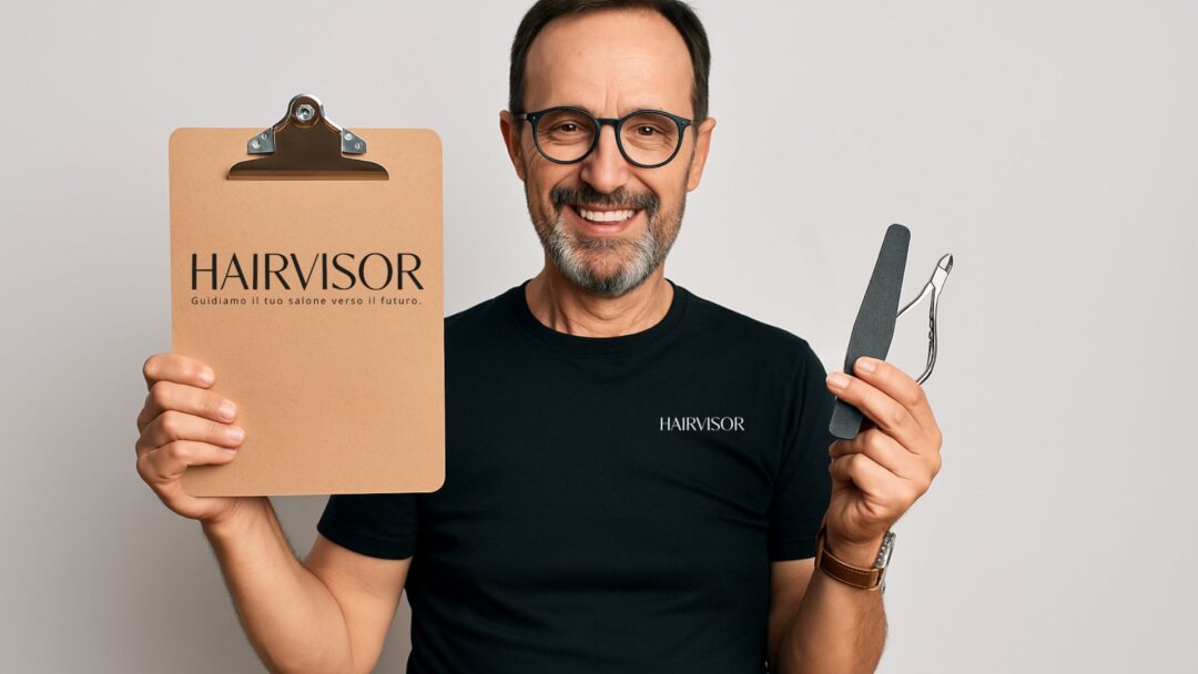 Uomo sorridente con occhiali e barba curata, indossa una maglietta nera con il logo HAIRVISOR, tiene in mano strumenti da manicure e una cartellina, in un contesto professionale.