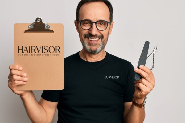 Uomo sorridente con occhiali e barba curata, indossa una maglietta nera con il logo HAIRVISOR, tiene in mano strumenti da manicure e una cartellina, in un contesto professionale.