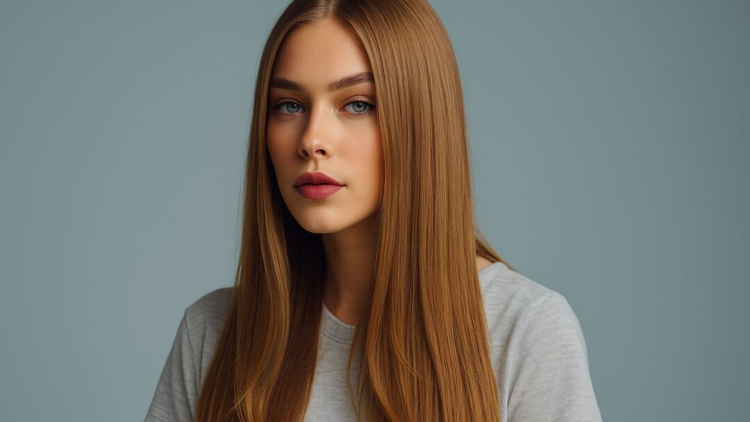 Donna bionda con capelli lunghi perfettamente lisci, ritratta in studio con espressione naturale.